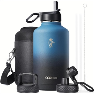 64oz Insulated Water Bottle with Straw&3 Lids, Coolflask Stainless Steel Metal Flask Wide Mouth